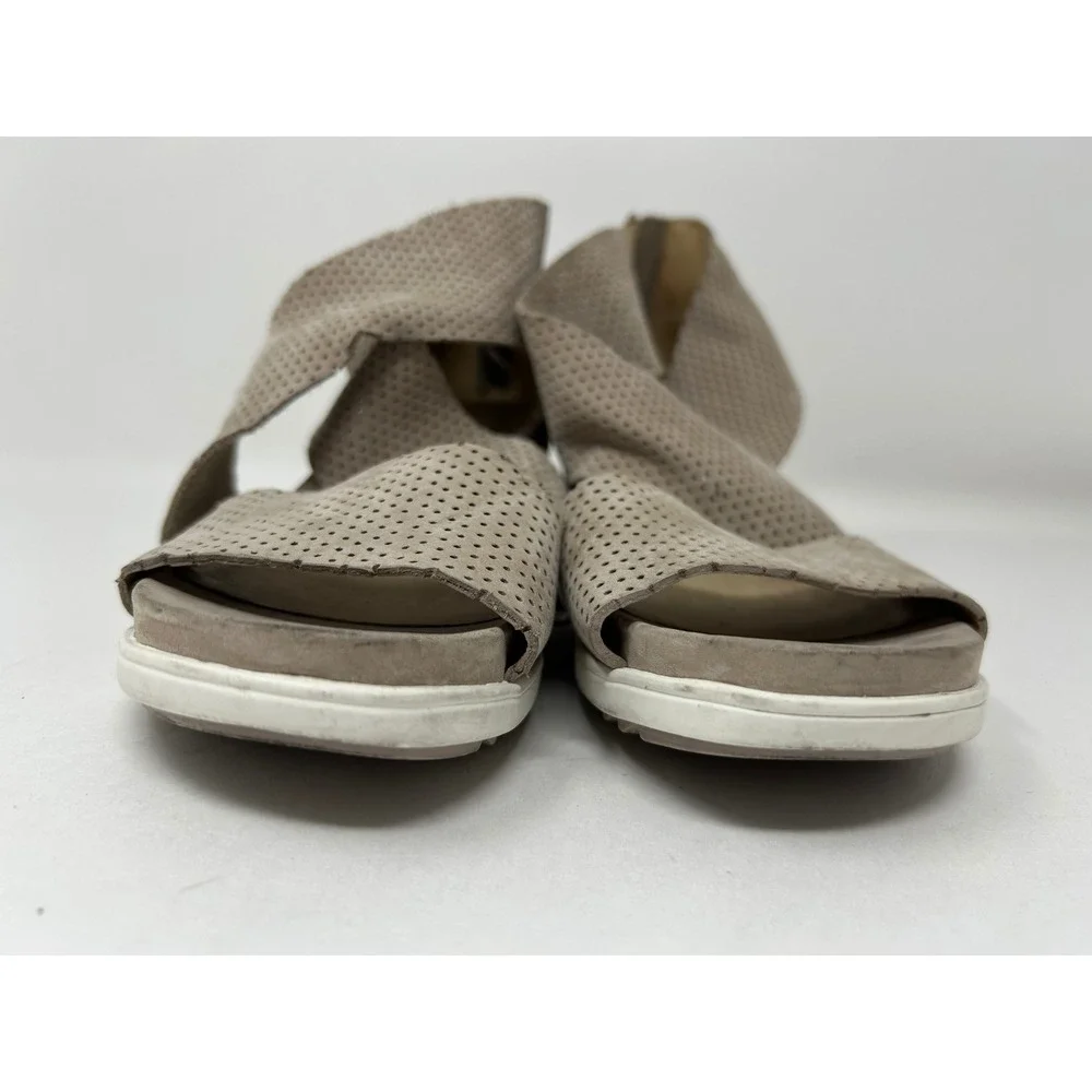 Eileen Fisher Taupe Perforated Suede Wedge Sandals Womens 6.5 Grey Wrap Back Zip
